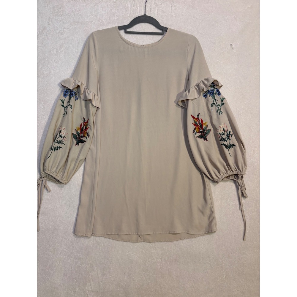 Polagram Beige Embroidered Floral Tie Balloon Sleeve Mini Dress Ruffle Detail